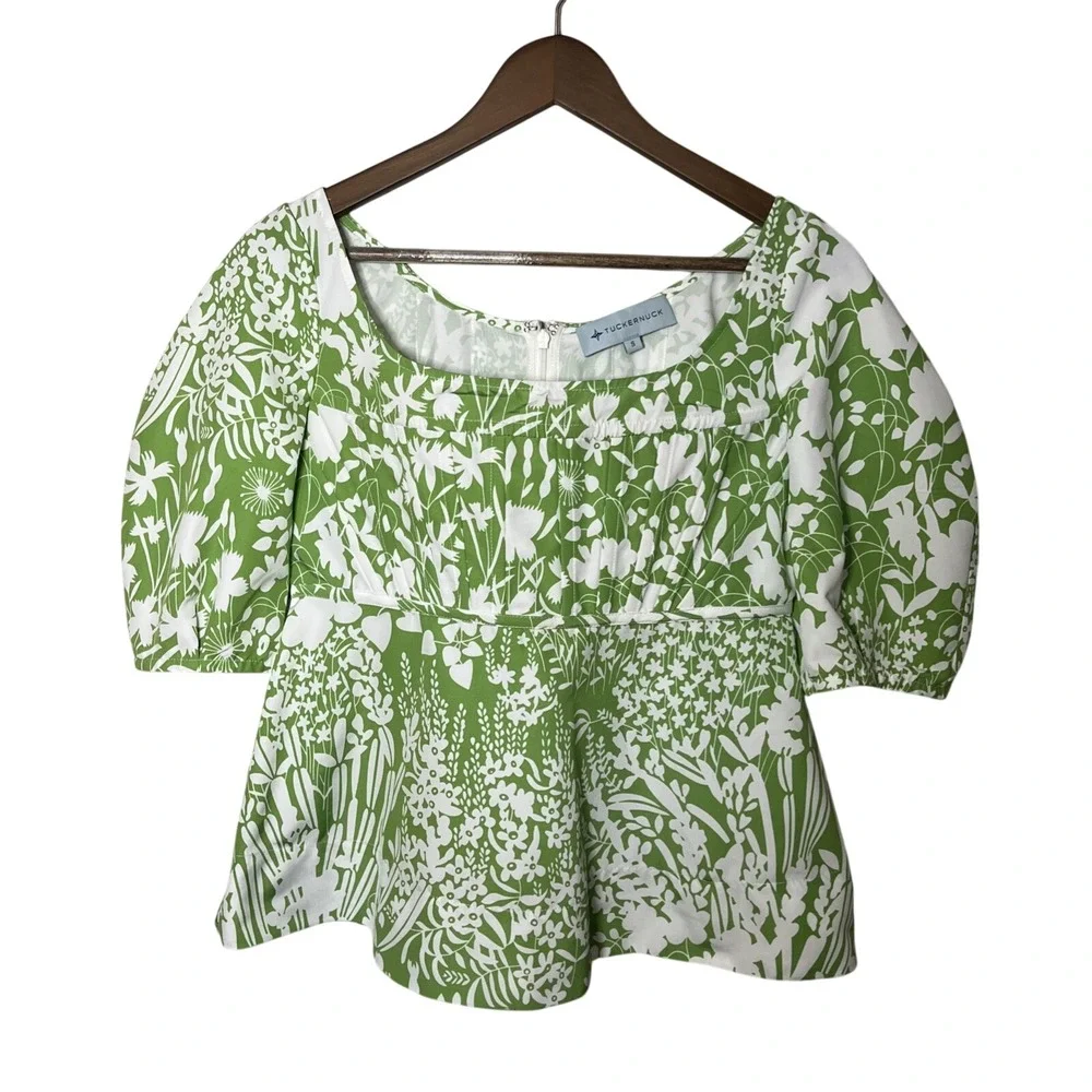 Tuckernuck Women's Nealy Corset Top Green Garden Floral Puff Sleeve Blouse Small